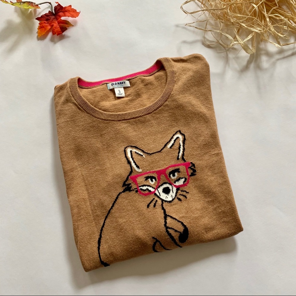 Old Navy Beige Fox With Glasses Featured Sweater